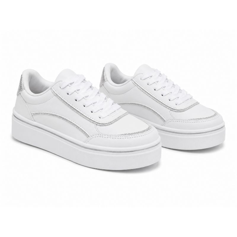 Tênis Feminino Casual Fashion Branco com Detalhe Dourado e Prata tenis Leve, Confortável e moderno