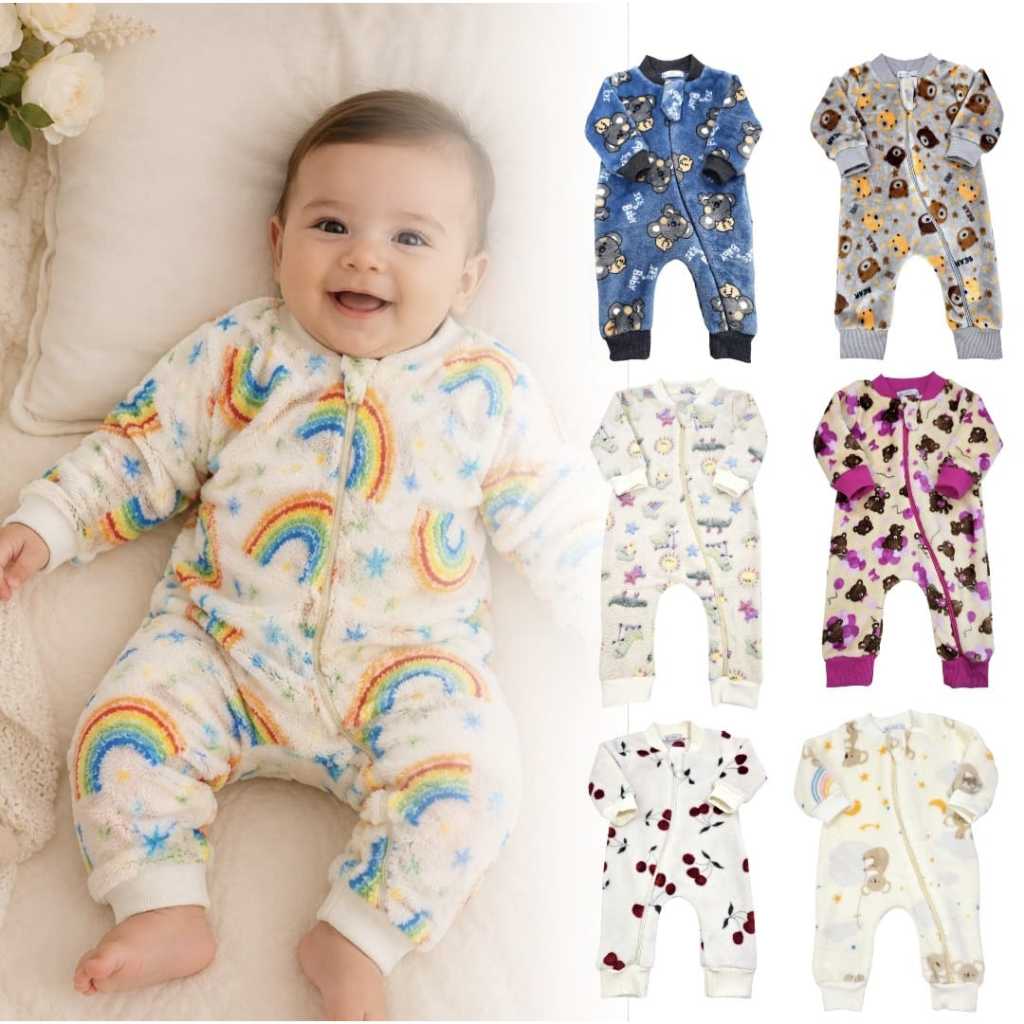 Macacão bebê frio em fleece pelucia premium estampado menino menina, maternidade, enxoval