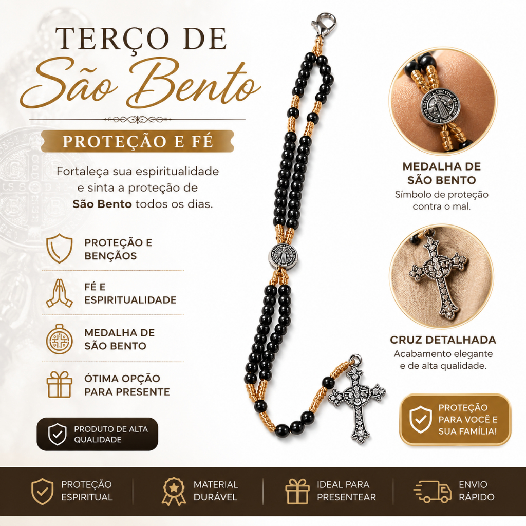 Terço de Pulso São Bento de Hematita com Medalhão no meio Religioso