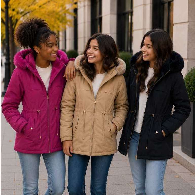 Jaqueta Parka Juvenil Dupla Face Infantil Peluciada com Capuz Removível Inverno
