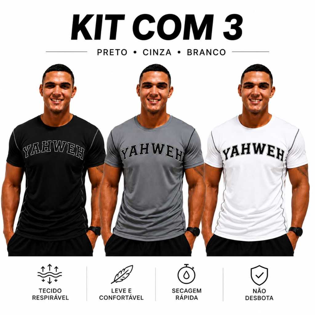 Kit 3 Camisetas Compressão Masculina YAHWEH Academia Fitness Preto Branco Chumbo do P ao GG