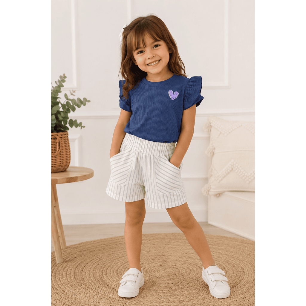 Conjunto Infantil Feminino Blusa Canelada com Short Listrado | Roupa Menina Confortável