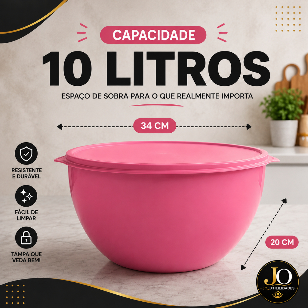 Bacias Tigela Plástica Tapoer 10 Litros com Tampa  Grande Para Churrasco, Saladas e Misturas Resistente