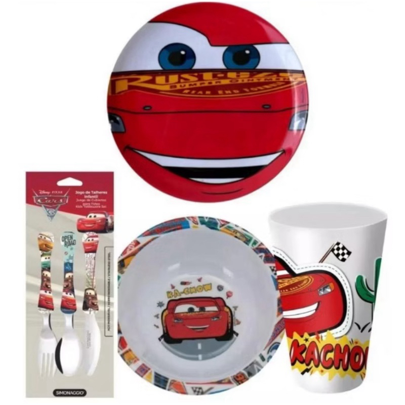 Kit Alimentação Infantil Disney 4 Peças Prato- Bowl - Copo e Talher Mickey,Minnie,Princesas,Homem Aranha,Carros-Melamina