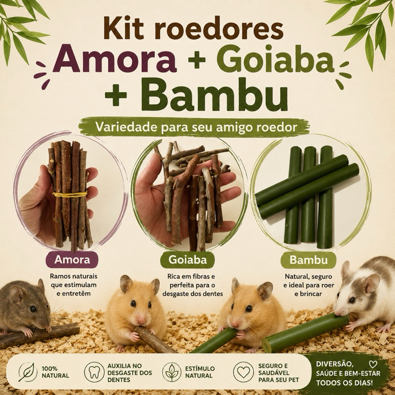 kit roedores  50g Amora + 50g Goiabeira +  5 Bambu 15cm petisco brinquedo para coelhos hamsters ratinhos chinchilas...