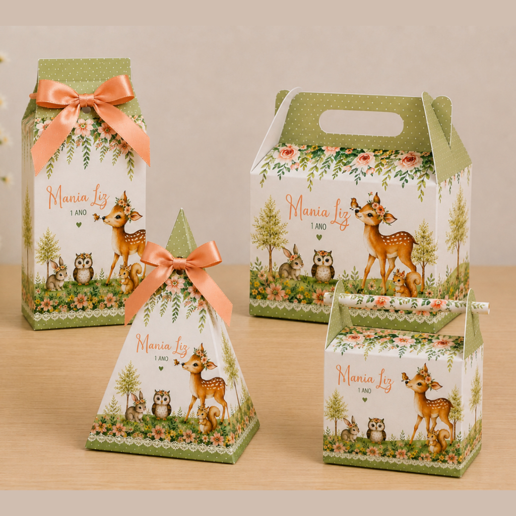 caixinhas personalizadas PEGUE E MONTE floresta encantada - Lembrancinha  infantil com nome e idade