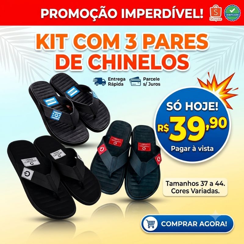 kit com 3 pares de chinelo masculino barato na promoção macio resistente e antiderrapante