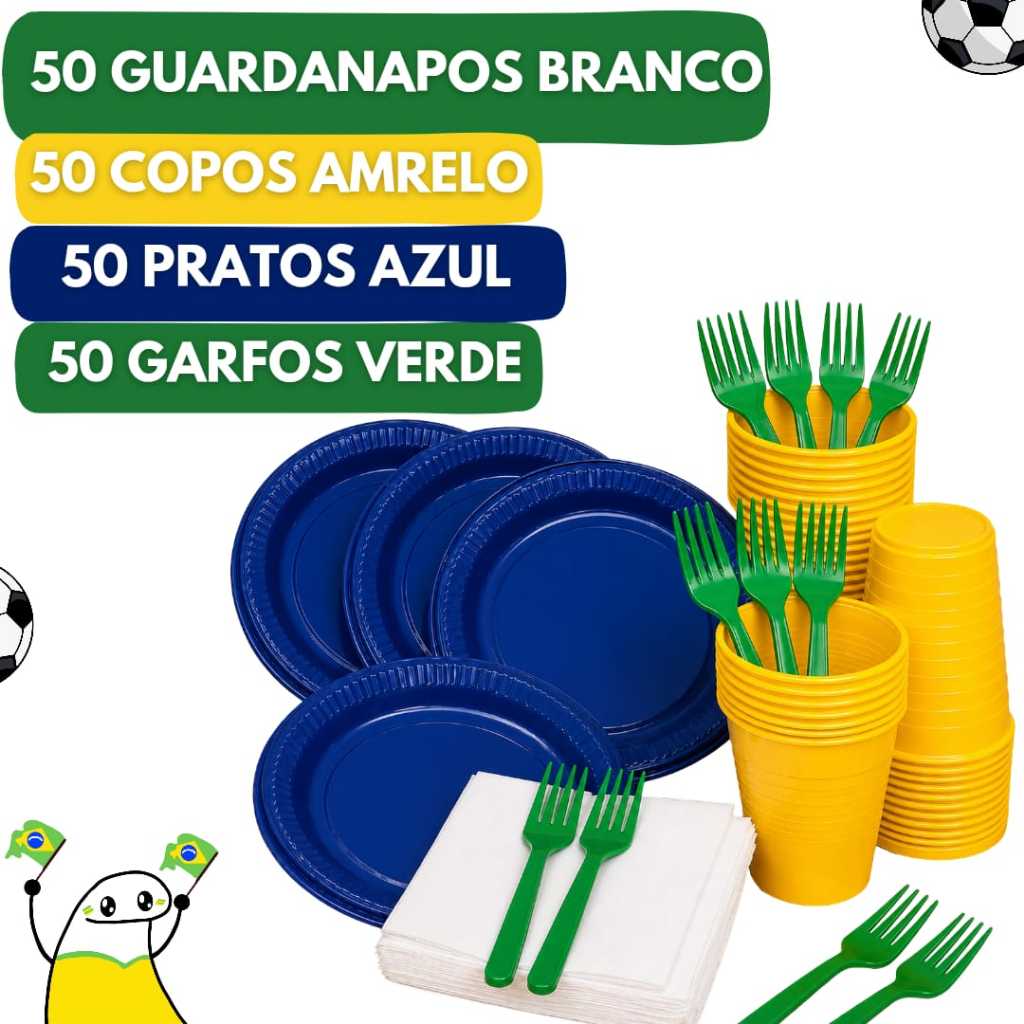 Kit Festa Descartáveis Copa do Mundo 2026 50 Pessoas Prato Copo Guardanapo e Garfo