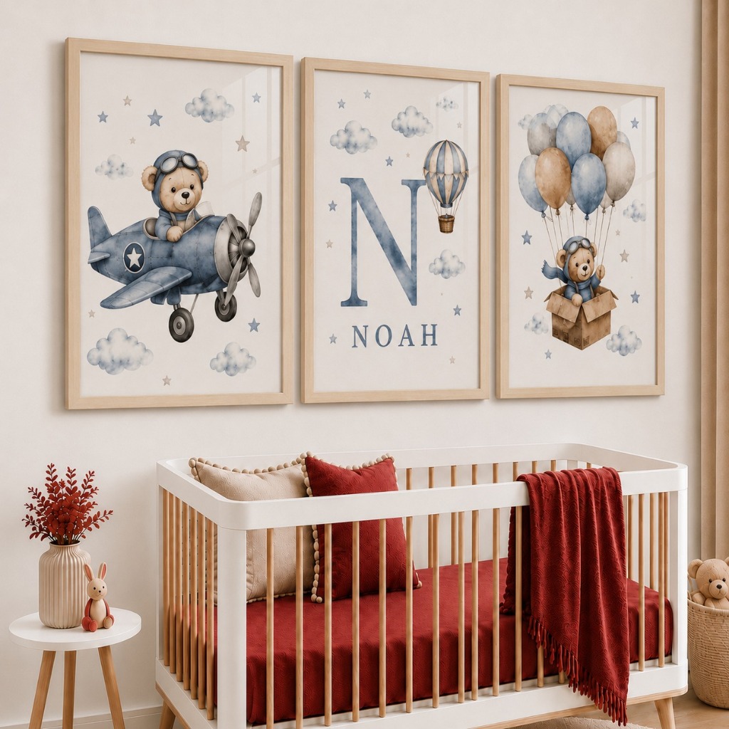 Kit 3 Quadros Decorativos Infantis Ursinho Aviador e Balão Personalizado com Nome Inicial N Azul e Bege