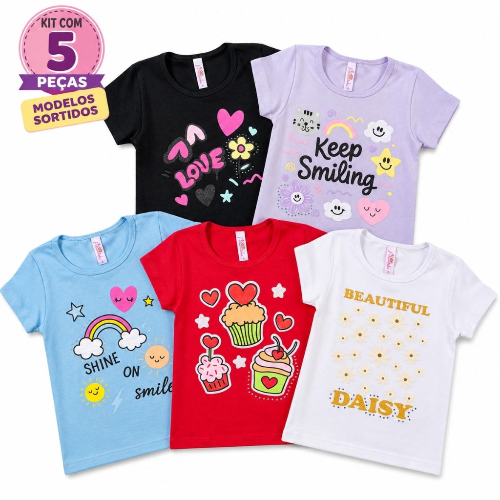 Kit 5 Blusa Manga Curta Feminina Roupa Infantil Menina Escolar Com Silk Pedraria Cores Sortidas