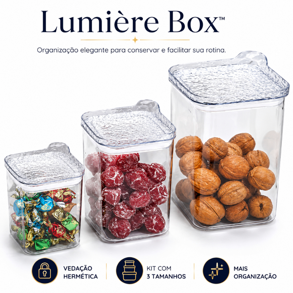 Kit 3 Potes Herméticos Quadrados 400ml 900ml 1900ml com Tampa Hermética Multiuso Mantimentos Cozinha Transparente