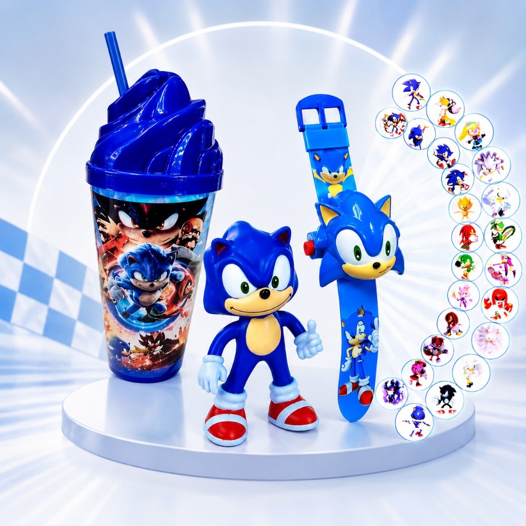Kit Sonic Relógio Projeto + Copo Com Boneco Infantil Criança