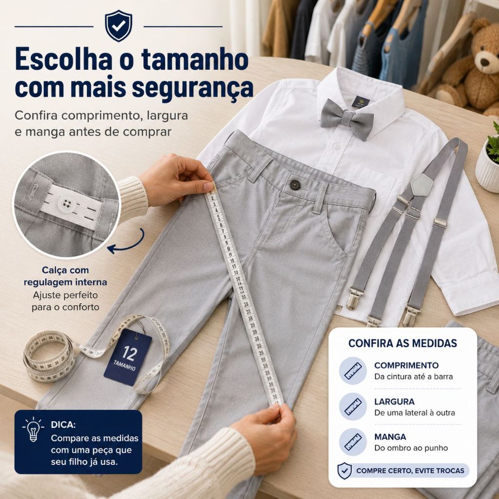 Detalhes do Calça Cinza com Camisa Manga Longa Branca e Kit Gravata e Suspensório Cinza Infantil