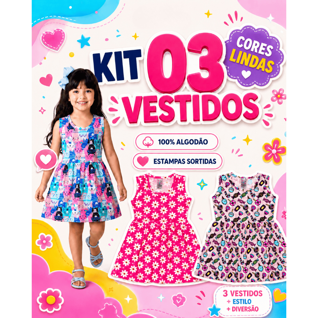 Kit 03 Vestidos Infantis Menina 100% Algodão Conforto Diário Cores Sortidas Estampas Coloridas e Divertidas