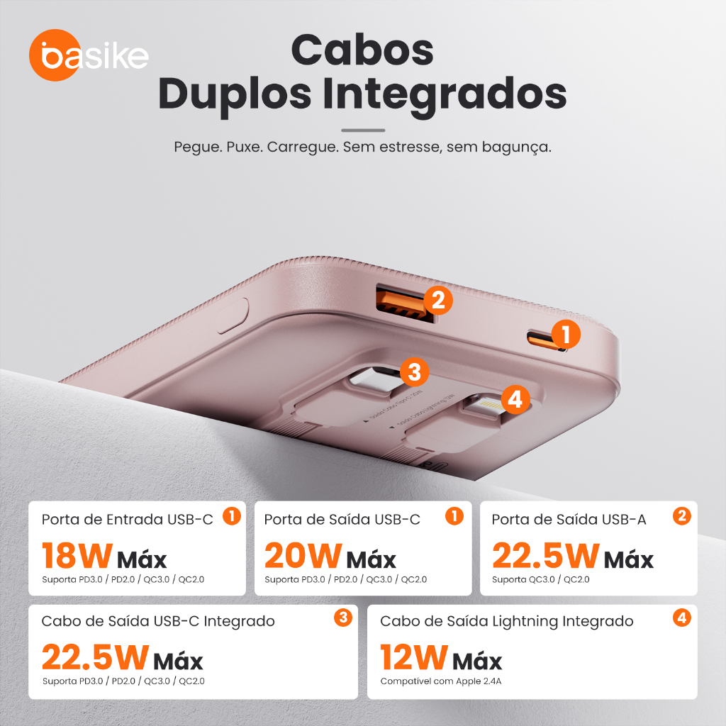 Power Bank Basike 20000mAh com Cabo e Display Digital Rosa — foto 4
