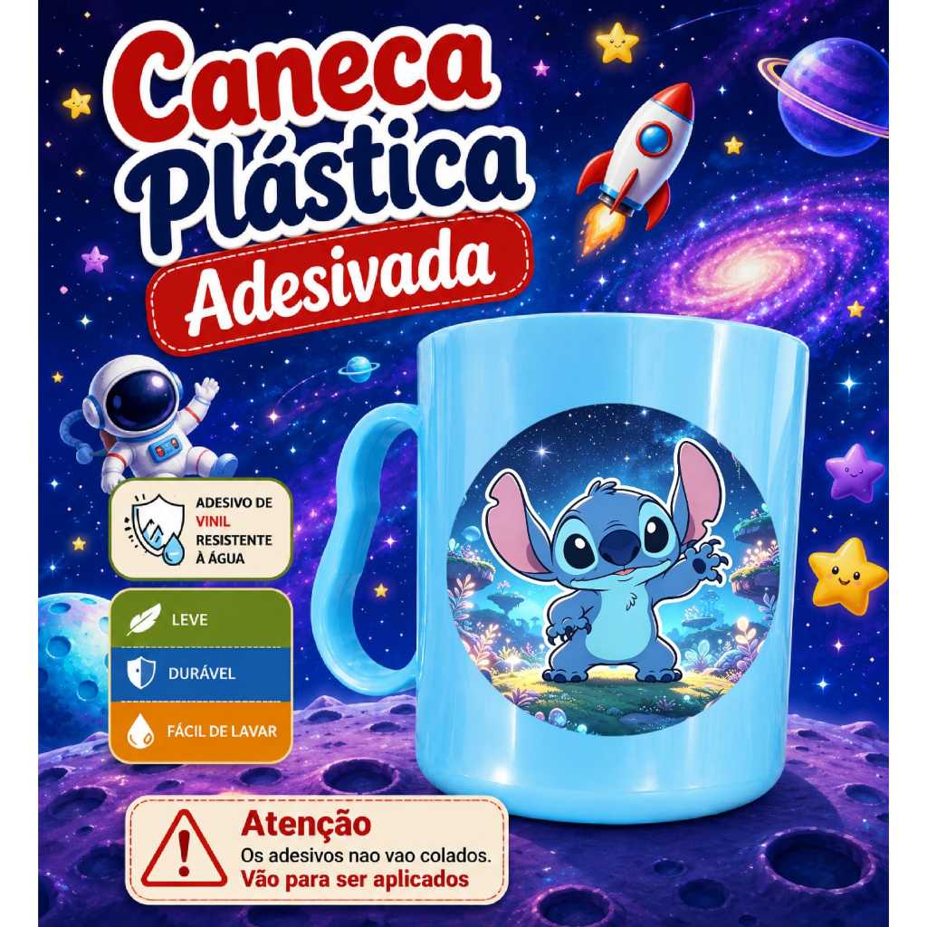 Caneca Plástica Adesivada 390ml Kit 6 a 30 Unidades Stitch Personalizada – Lembrancinha de Aniversário Infantil, Festa T