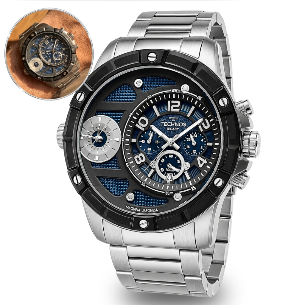 Relógio Technos Masculino Legacy Prateado Preto Azul-escuro Cronógrafo Prova D'água 100 Metros Original