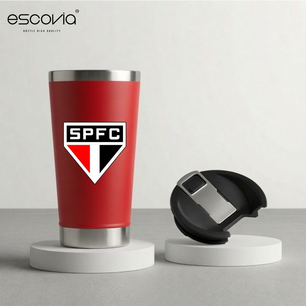 Copo Térmica Futebol Time São Paulo Futebol Clube Aço Inoxidavel 473ml com Tampa E Abridor para Cerveja
