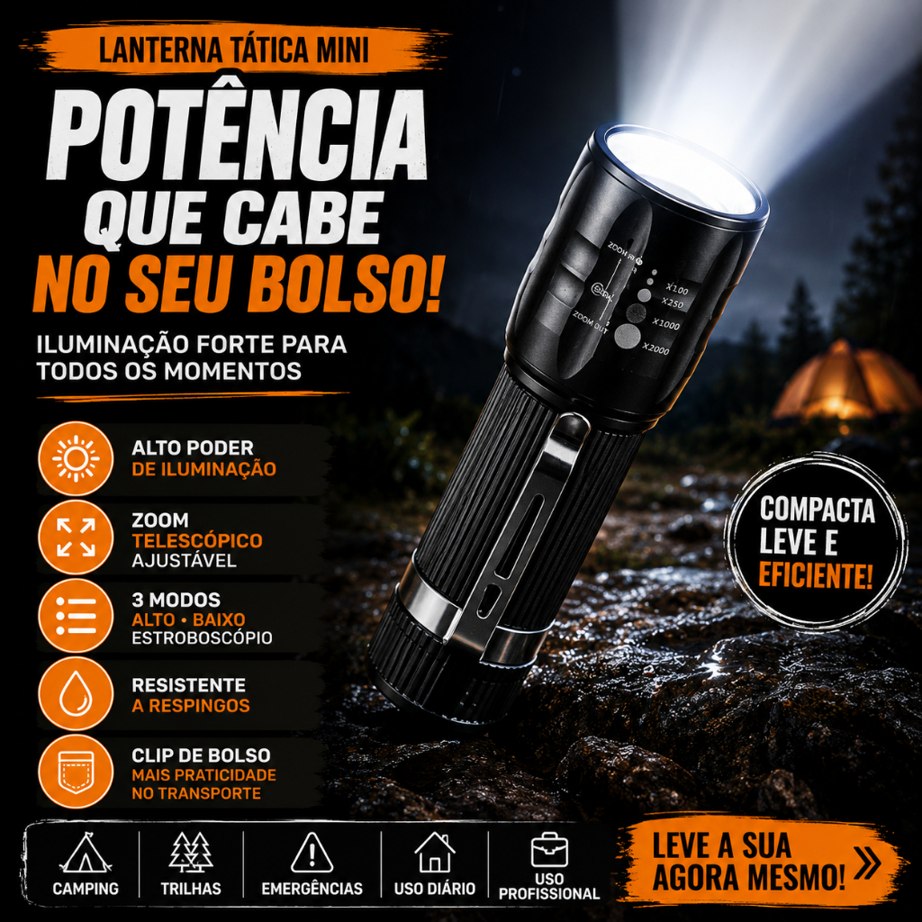 Lanterna Tática Mini LED a Pilha com Zoom Telescópico Portátil Alumínio Camping Trilha Emergência