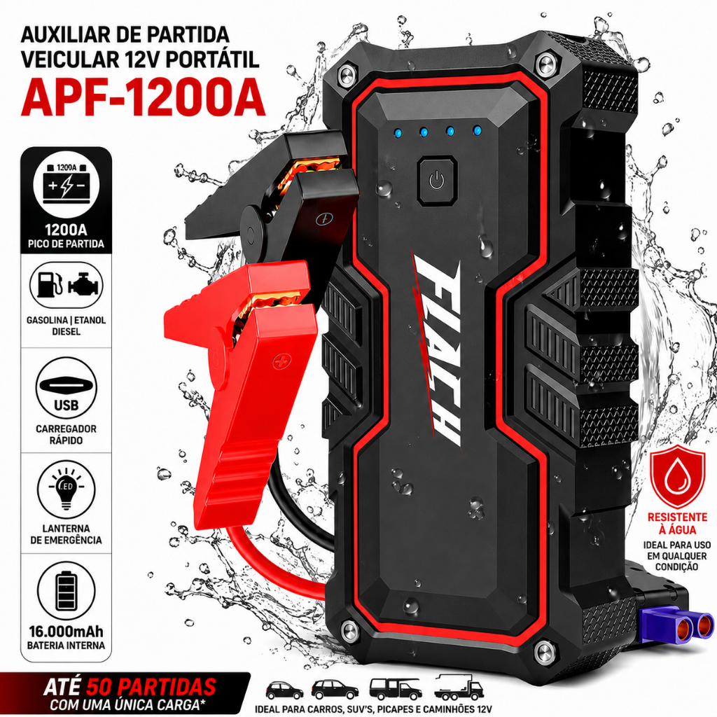 AUXILIAR DE PARTIDA PORTATIL FLACH APF-1200A 12 VOLTS 1200A PICO POTENCIA = BATERIA 180Ah CAMINHÃO