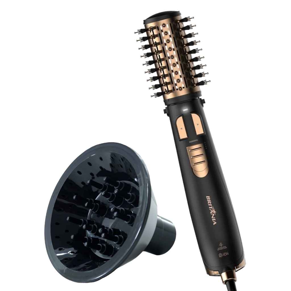 Escova Rotativa Britânia 1300w Ions Secadora Alisadora Quente Frio Gold Com Difusor De Cachos
