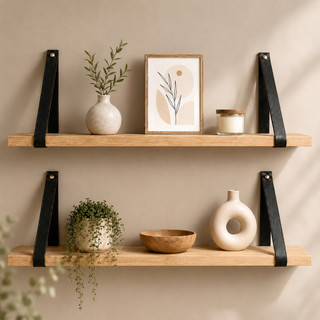 Kit 2 Prateleiras de Parede 60x15cm com Suporte de Corino em MDF para Sala Quarto Cozinha Escritório