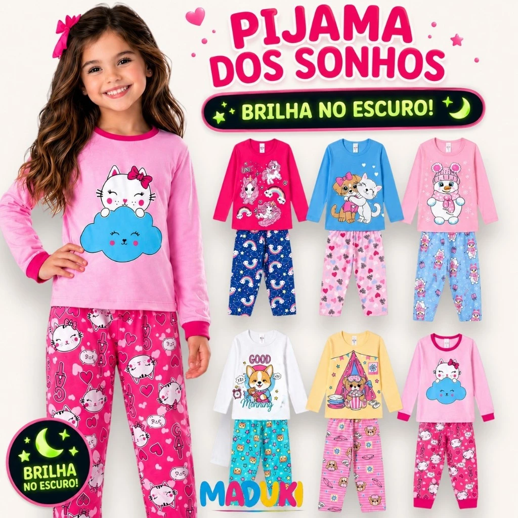 Kit 4 Peças Pijama Infantil Feminino Inverno Manga Longa Pijama que Brilha no Escuro