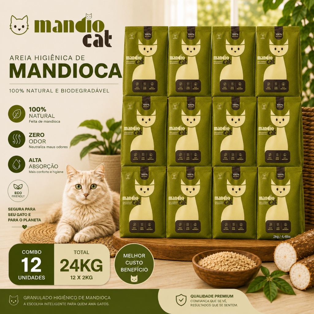 Areia Gato Mandiocat Mandioca Biodegradavel Natural gatos graos finos 24KG