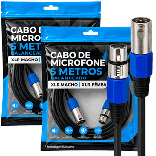 Kit 2 Cabos Microfone 5 Metros Xlr Macho X Xlr Fêmea Canon Cannon Dmx Balanceado 3 Pinos Áudio Profissional