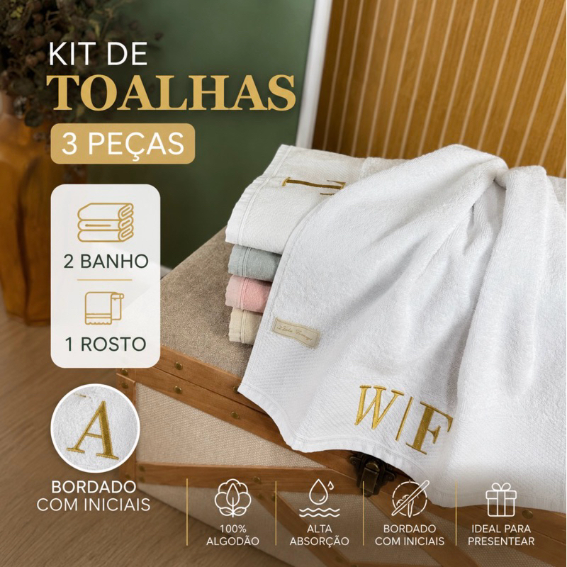 Kit 3 Peças de Toalha de Banho e Rosto Bordadas com Duas Iniciais – 100% Algodão Fio Penteado 540g
