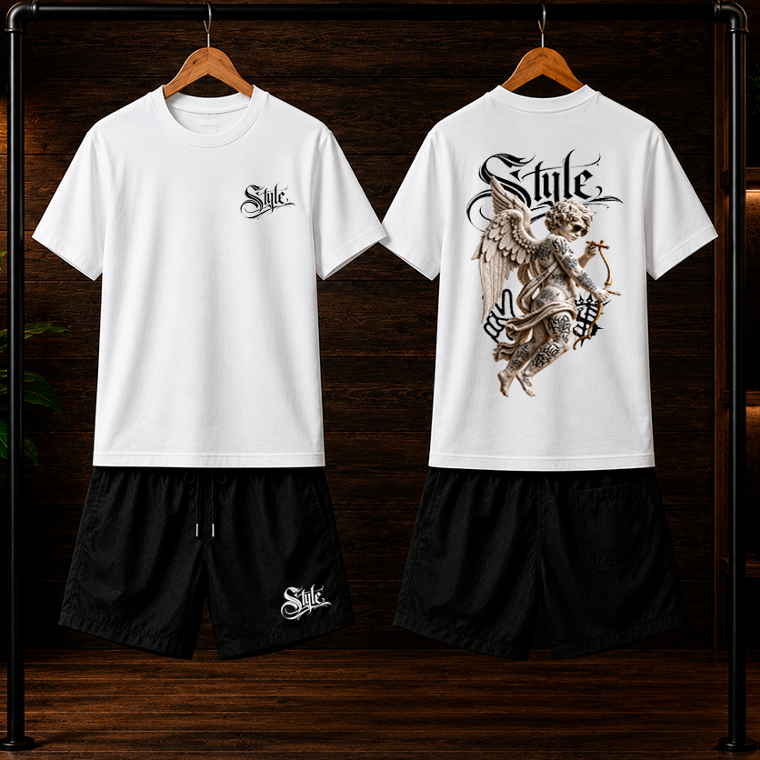 Conjunto Camiseta 100% algodão 30.1 + Bermuda Masculino Tactel Com elastano Estampado ANGEL 01 streetwear