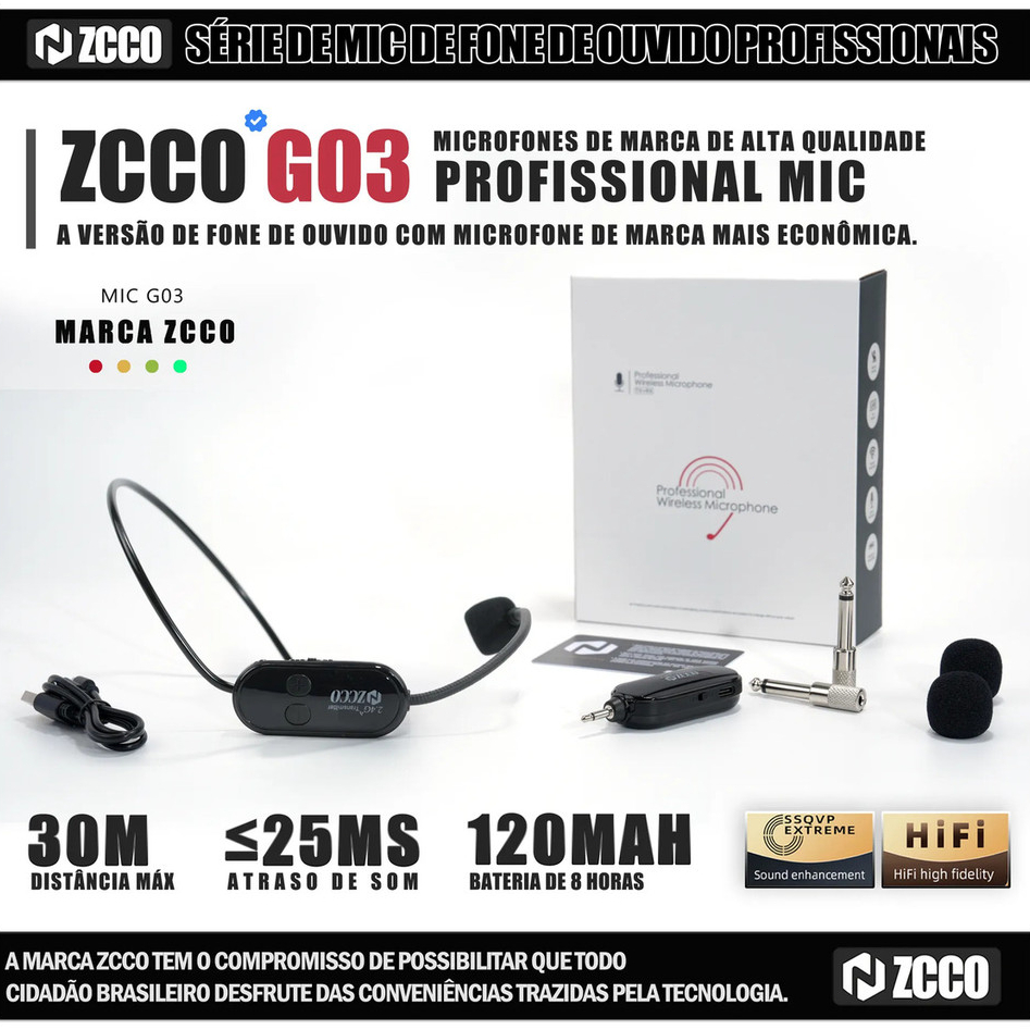 Microfone Sem Fio ZCCO 2.4G 2 em 1, Headset e Mão, Alcance 160 pés para Aulas e Conferências