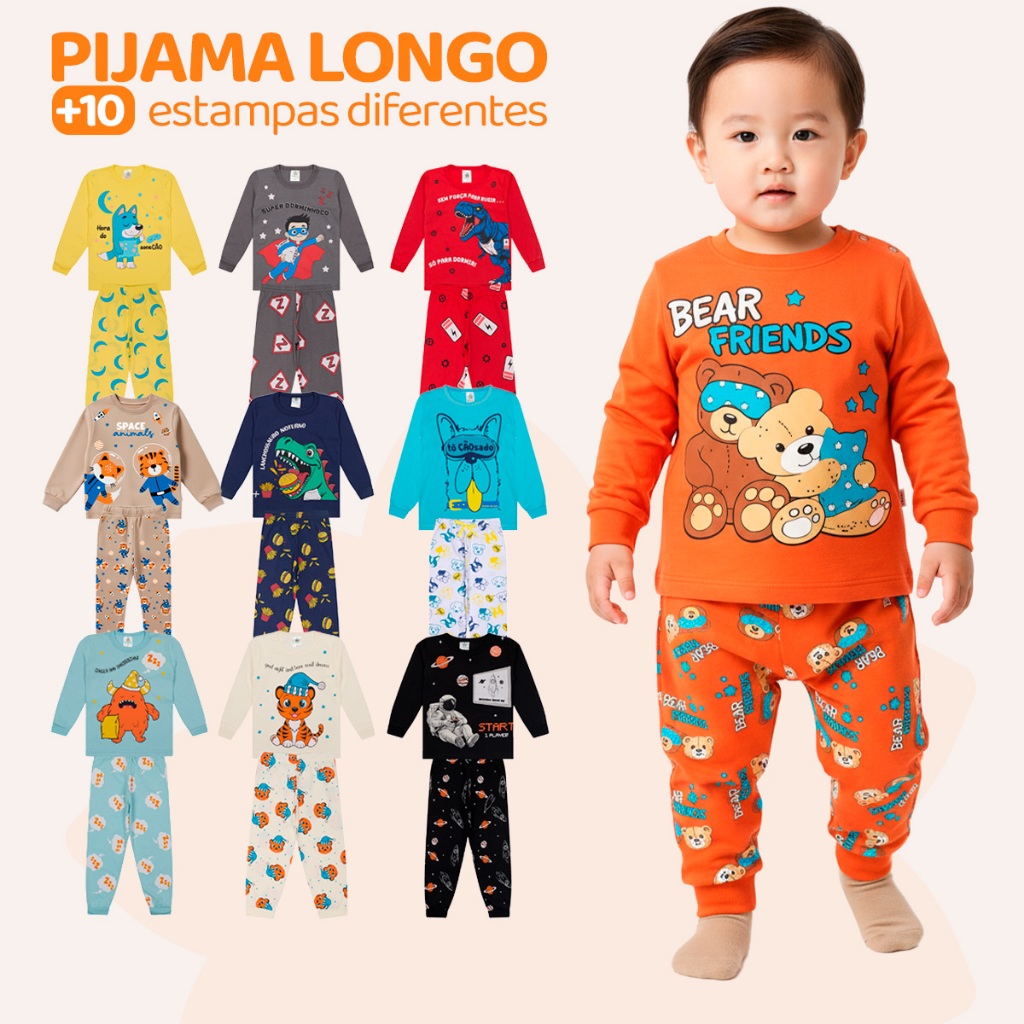 Kit Bebe 1, 3 ou 5 Pijamas Infantil Menino Manga Comprida ou 6 Peças Pijama Infantil Menino