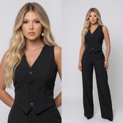 CONJUNTO ALFAIATARIA FEMINIMO COM CALÇA E COLETE RISCA DE GIZ ELEGANTE SOCIAL