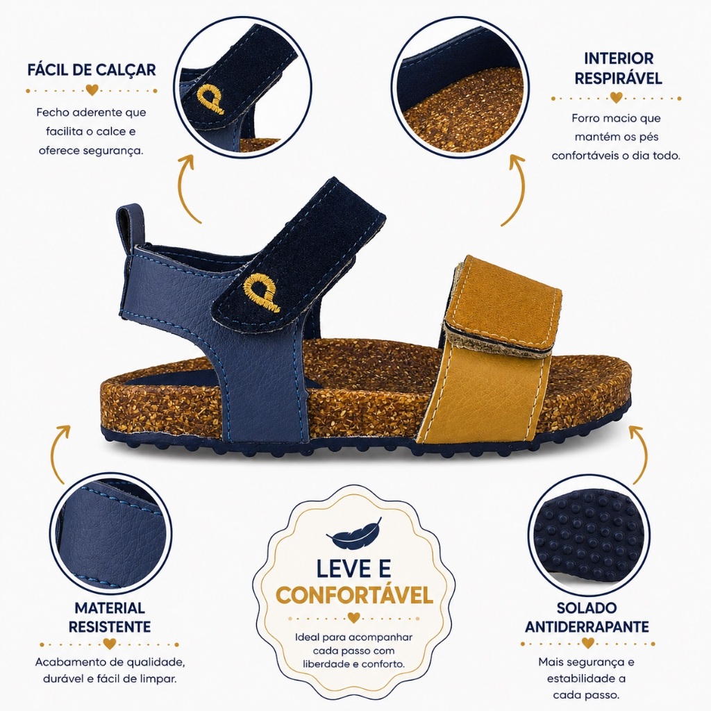 Sandália Birken Infantil Menino Pequito Velcro Ajustável Verão Confortável Bege Marinho 9731 — imagem 2 de 2