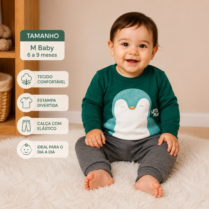 Conjunto Infantil brandili baby Moletom Bebê Pinguim Inverno Quentinho Masculino e Feminino