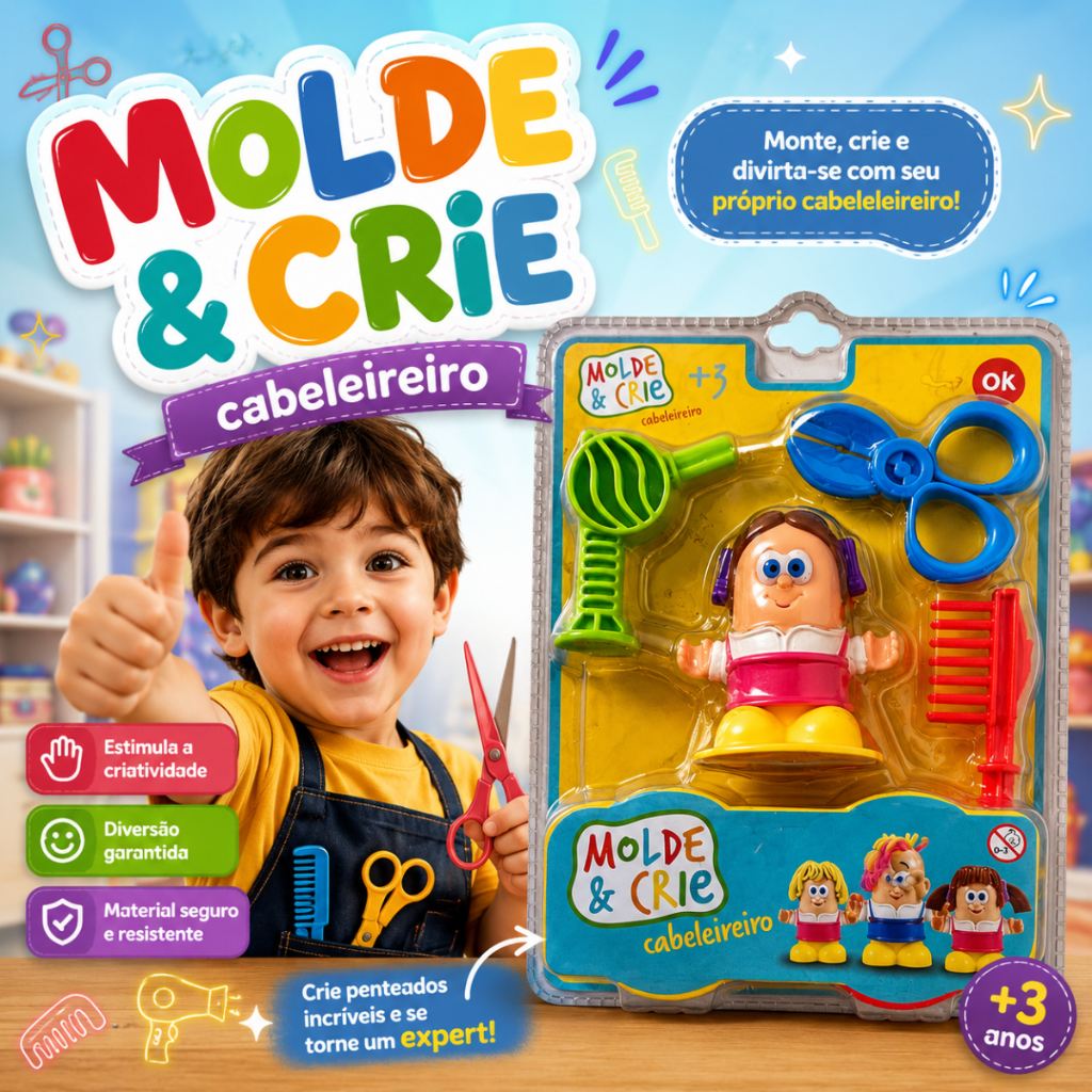 Kit Massinha Corte De Cabelo Maluco Bonequinho e Acessórios Molde e Crie Cabeleireiro