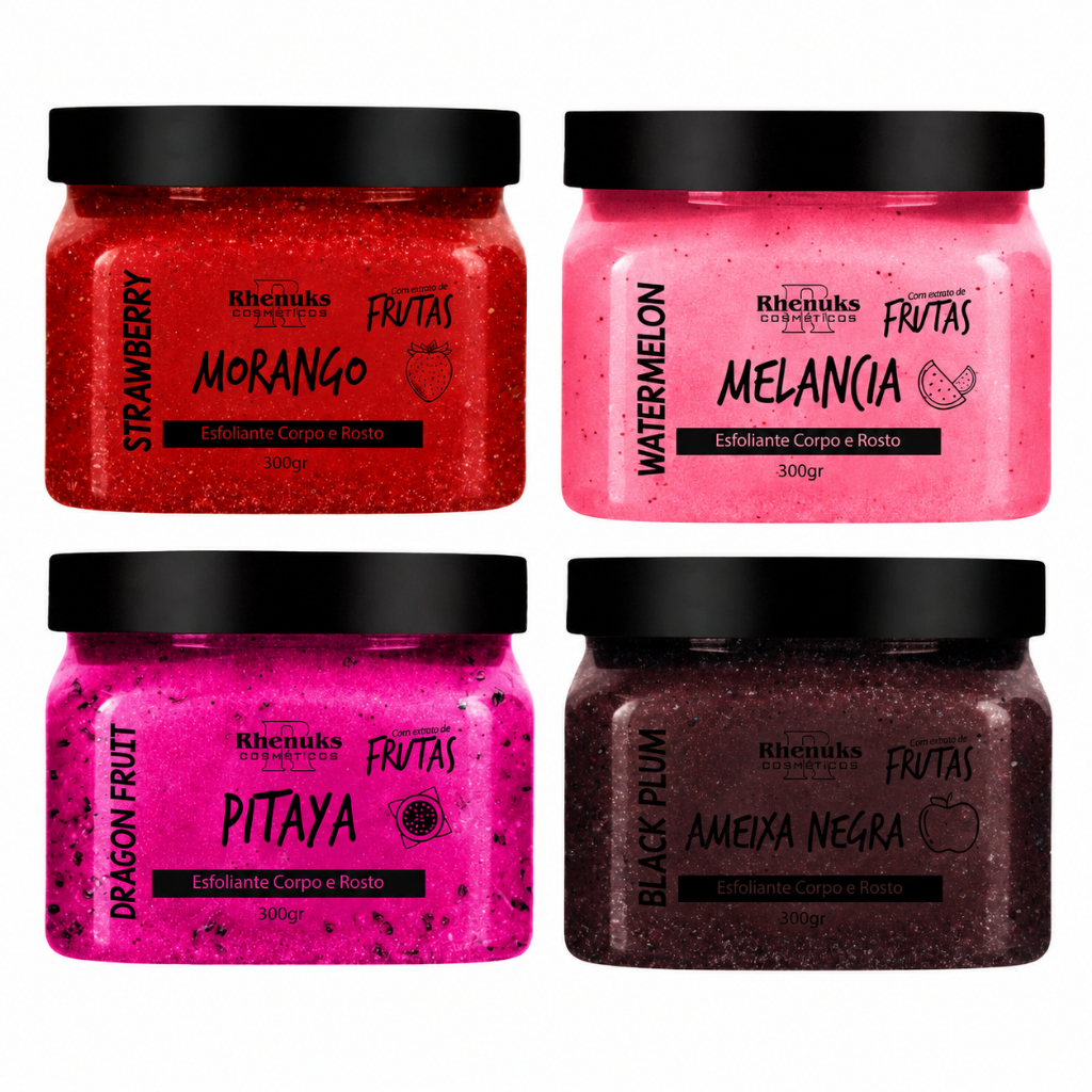 Kit 4 Esfoliantes Corpo e Rosto Rhenuks 300g Morango, Pitaya, Ameixa e Melancia