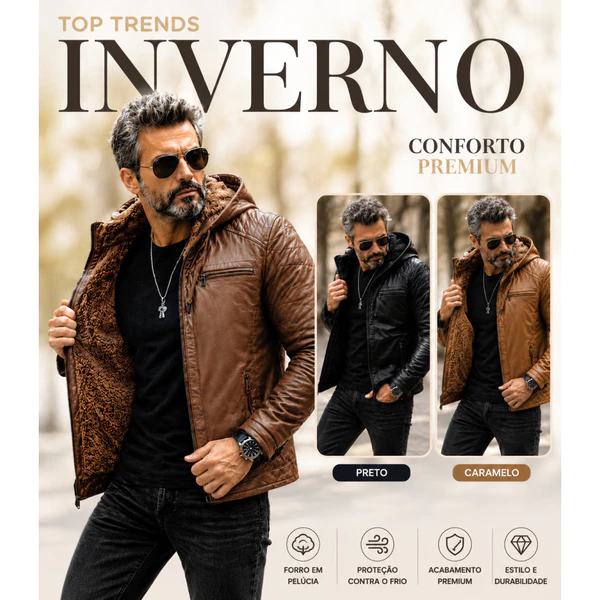 Jaqueta Couro Masculina Forrada Inverno Casaco Capuz Gola Outono Motoqueiro Casual Premium Ecologico