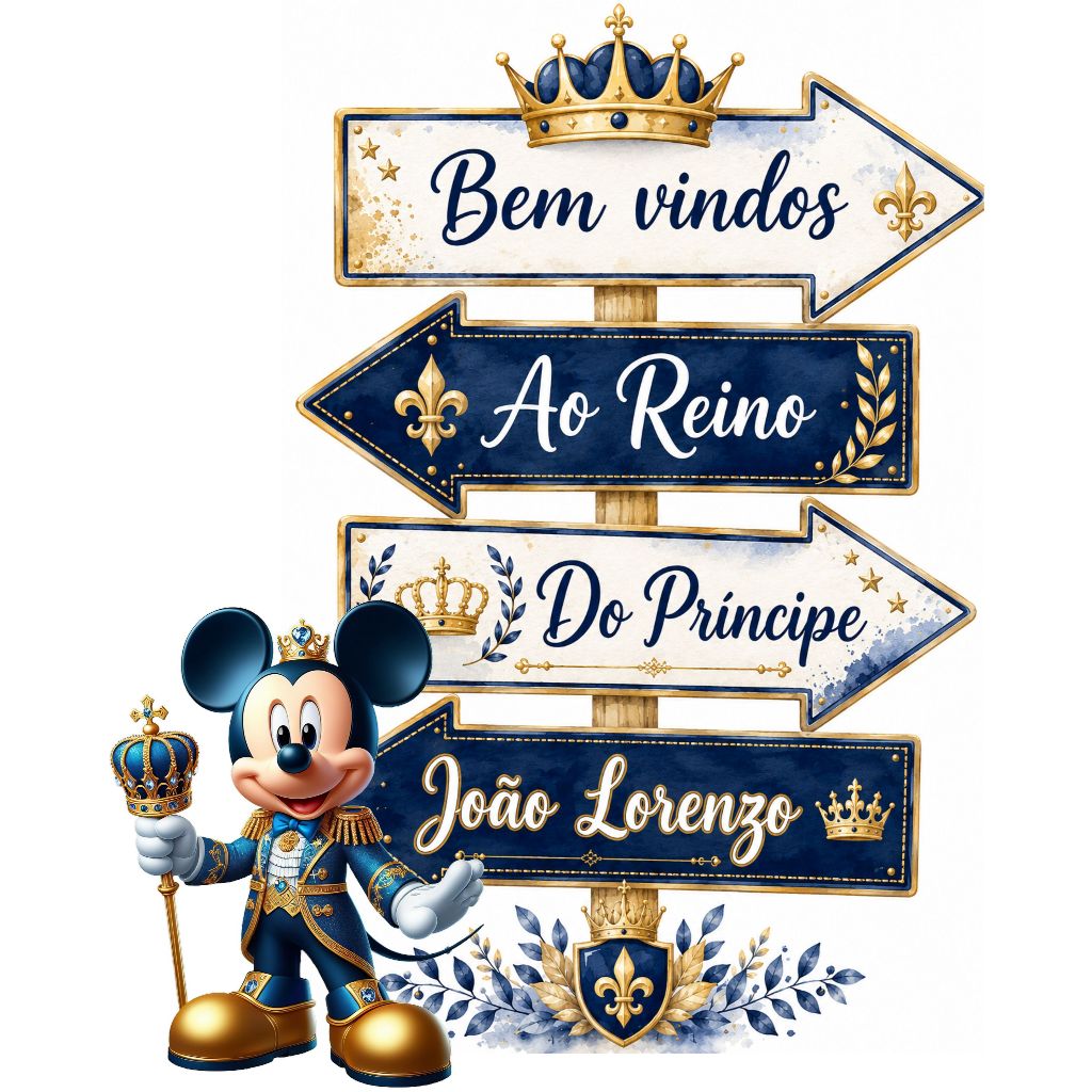 Display de Chão - Placa Seta Tema Mickey Realeza personalizado NOME festa