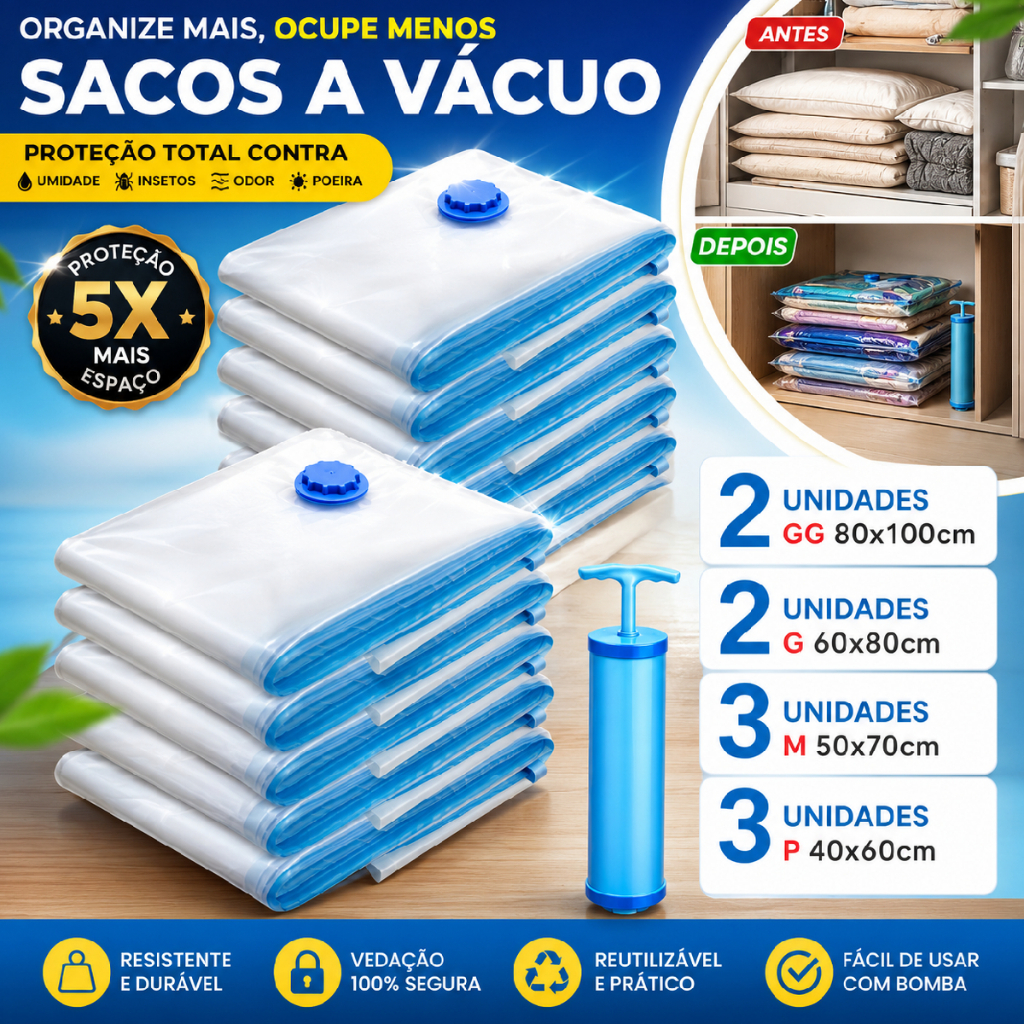 Kit 10 Saco A Vacuo Viagem Mala Organizador Embalagem Com Bomba Pack Reutilizável