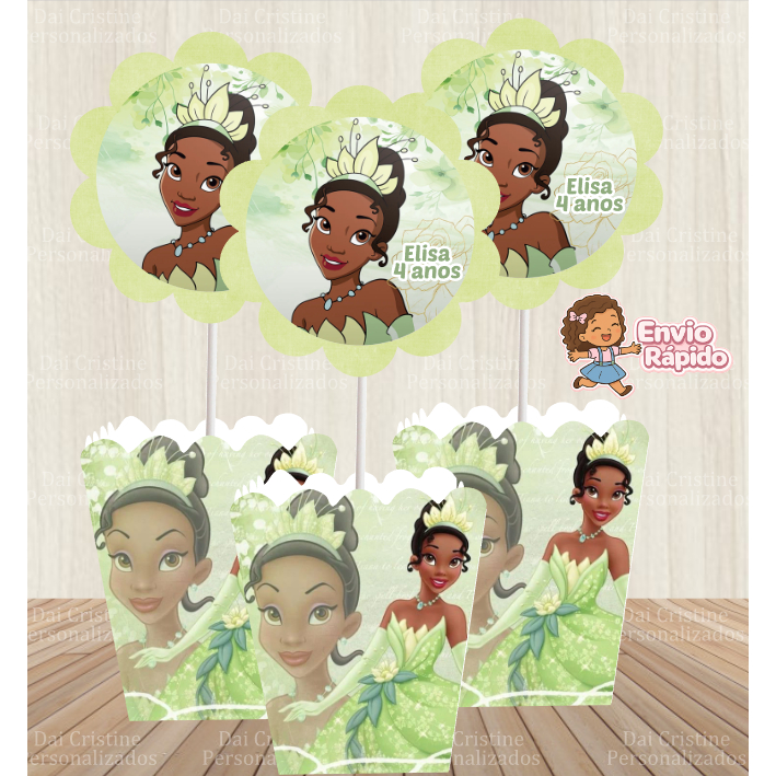 kit de Centro de Mesa Personalizado Caixa Cachepot  Princesa Tiana  Cachepô Enfeite Arranjo Princesa e o sapo