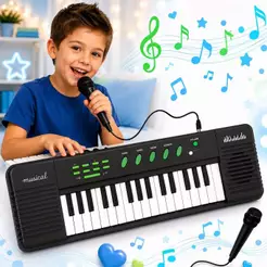 Piano Teclado Musical Infantil Microfone Educativo Karaoke Cor Preto