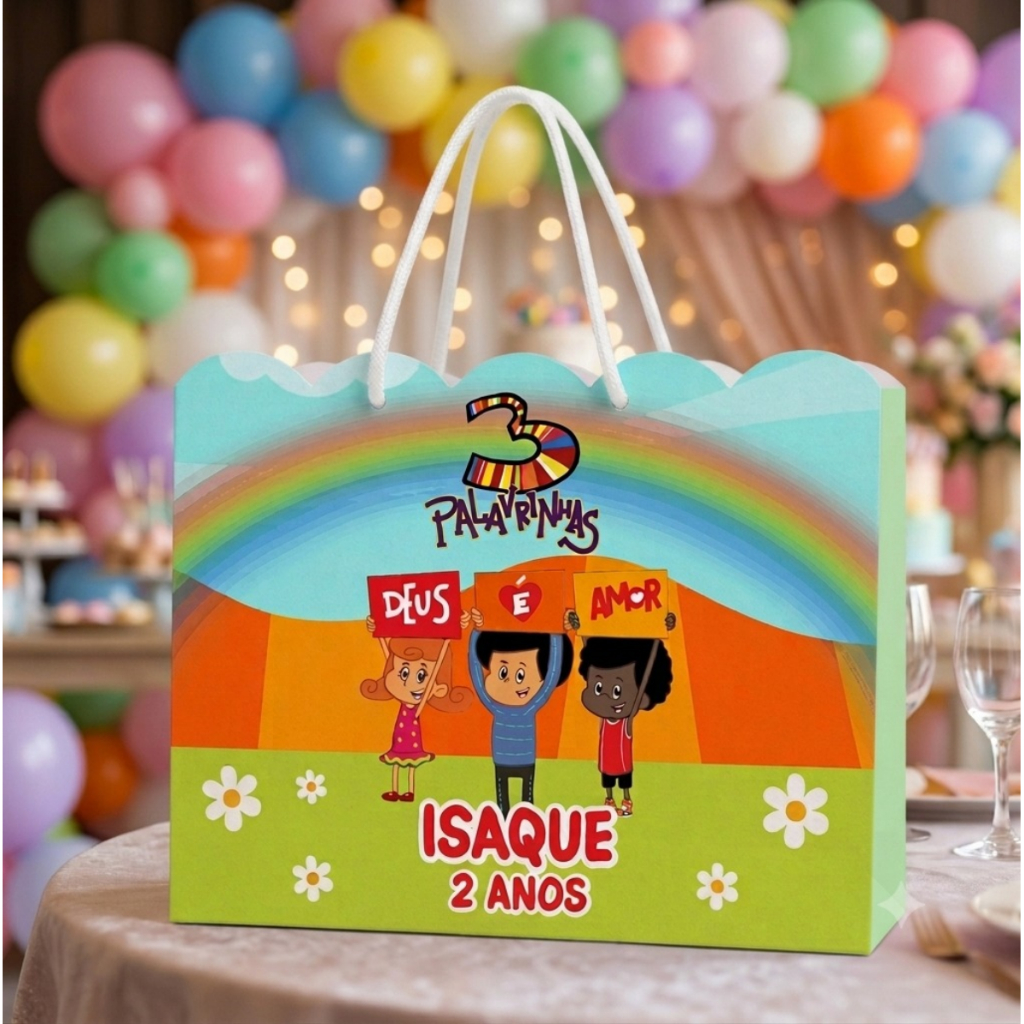 Sacolinha de Papel Ondulada 3 Palavrinhas PEGUE E MONTE Personalizada com Nome e Idade Festas Infantil (20x15x5)