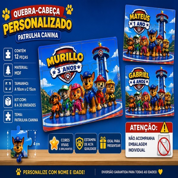 Kit 30 Quebra-Cabeças MDF 10x15 Patrulha Canina Personalizado Menino com Nome e Idade | Lembrancinha de Aniversário Infa