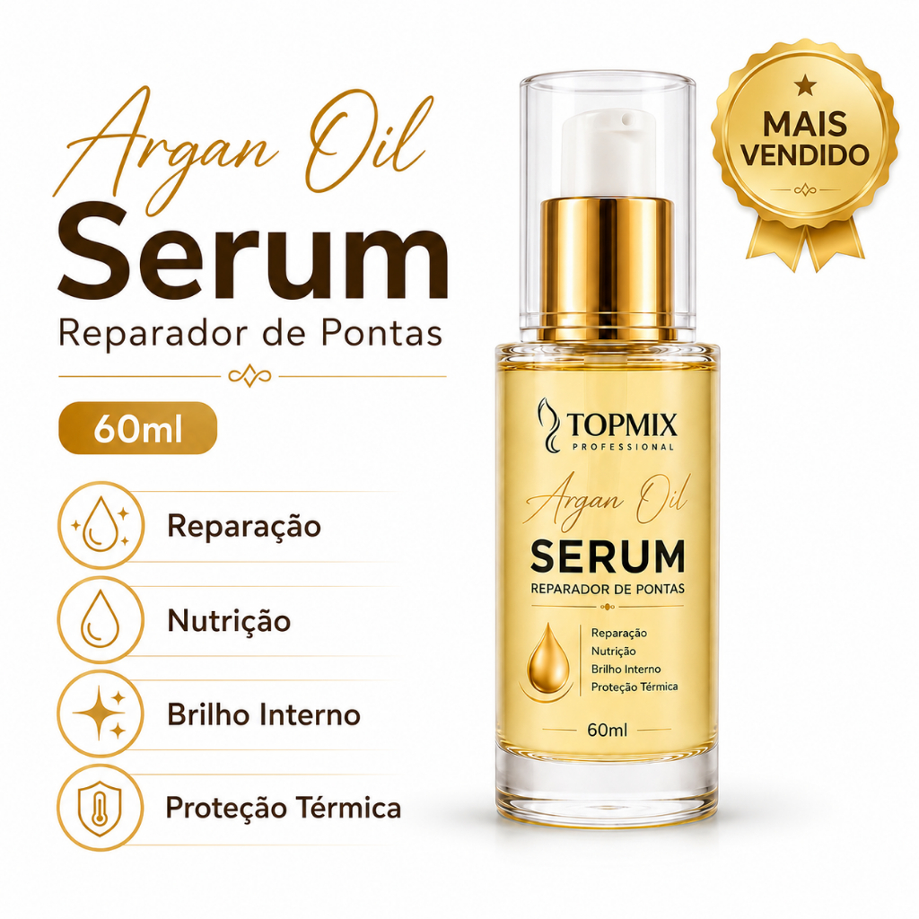 Argan Oil TopMix 60ml Reparador de Pontas com Proteção Térmica e Brilho Intenso