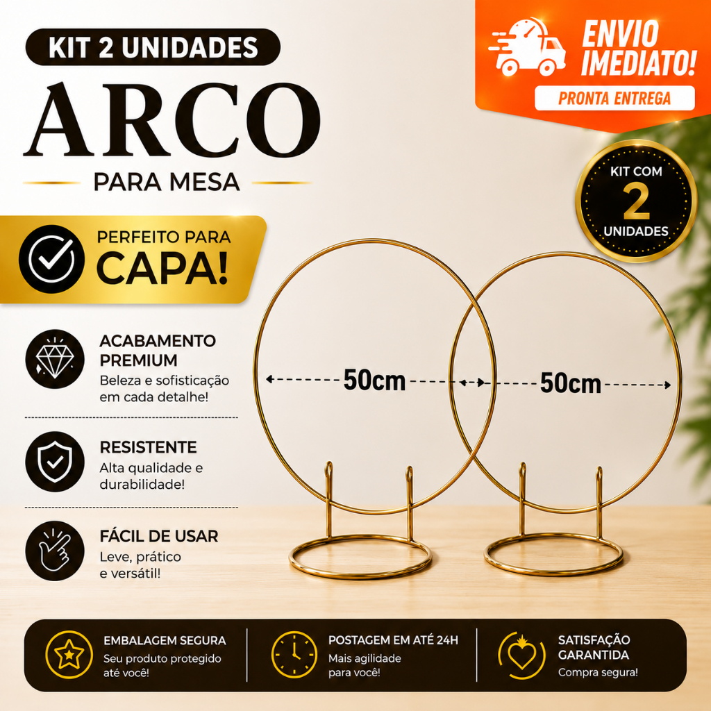 Kit 2 Mini Arcos Redondos Ø50cm Dourado para Festa Painel de Mesa Suporte para Capa/Balões
