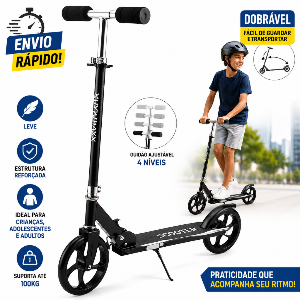 Patinete Dobrável  Reforçado Até 100kg Guidão Ajustável 4 Níveis Leve Infantil Juvenil Adulto