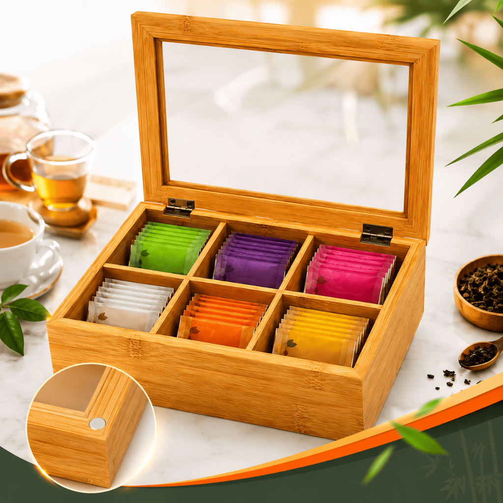 Caixa Para Chá Porta Sachês Bambu Decorativa 6 Nichos Premium 24cm Organização Cozinha