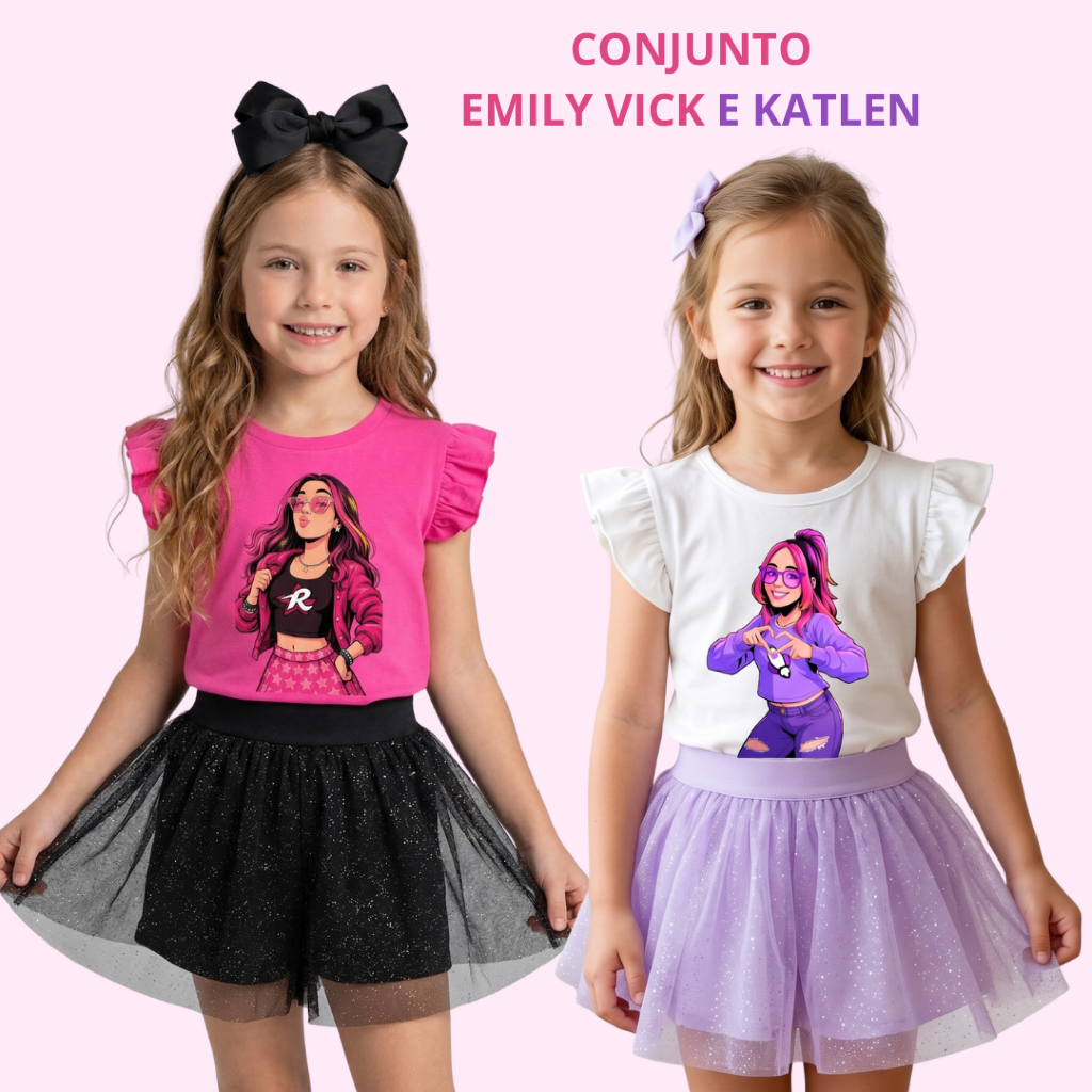 Conjunto Infantil Feminino Blusa Rosa Emily Vick + Short Saia Preto Roupa Infantil Menina Conjunto  Infantil Estiloso